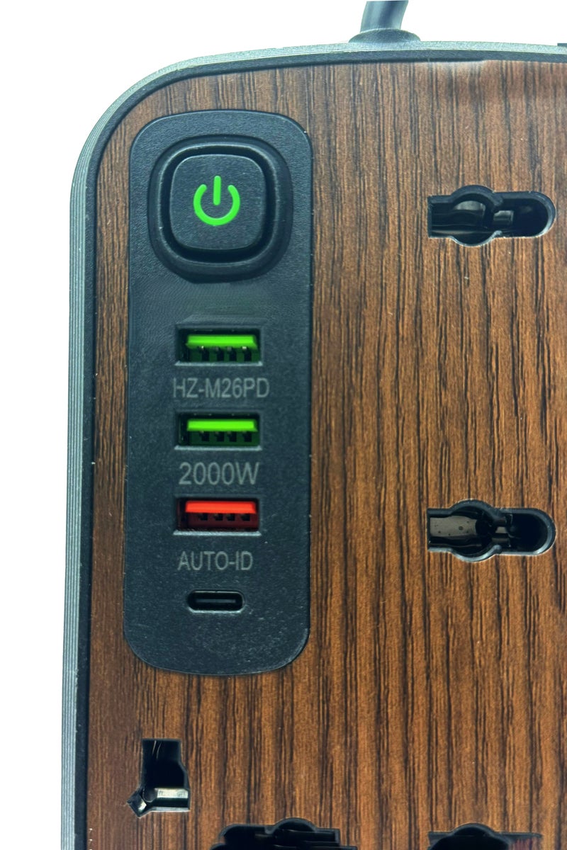 Earss Extension Cord Power Strip Wooden Design– 6 AC Outlets, 3 USB Ports & 1 Type-C Port – Surge Protector with 2M UK 3-Pin Plug – Charging Station for Home & Office - Image 4