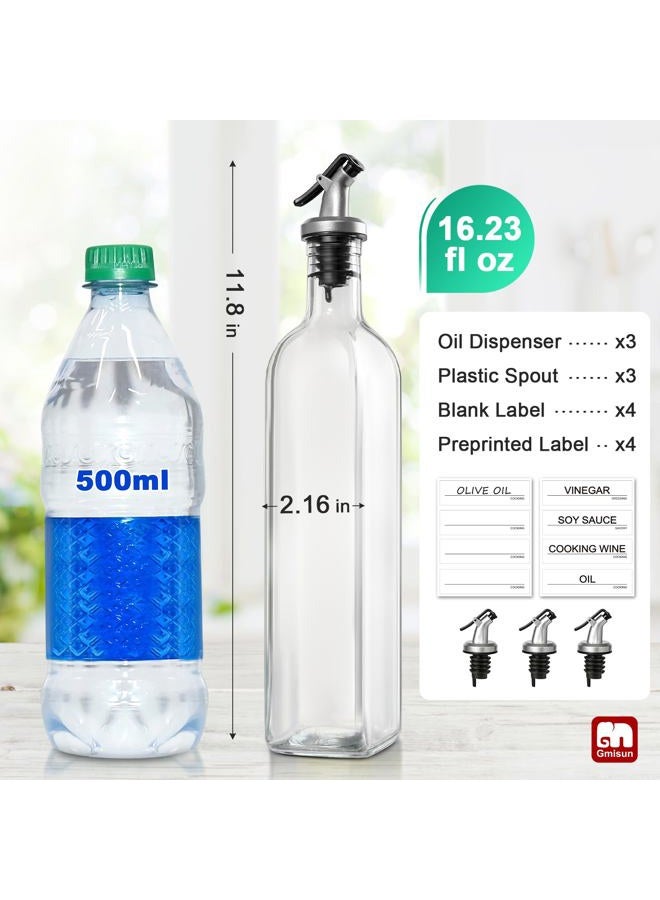 GMISUN Olive Oil Dispenser And Vinegar Bottle 3 Pack 17oz, For Kitchen, Glass Cooking Oil Container Cruet with Pourer Spout, Funnel And Labels, Clear - Image 2