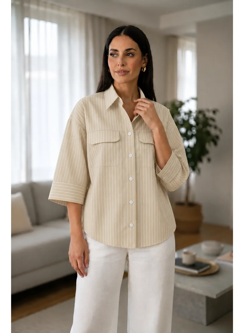 فكتور اند جين Ladies Boxy Oversized Fit Fine Stripe Shirt