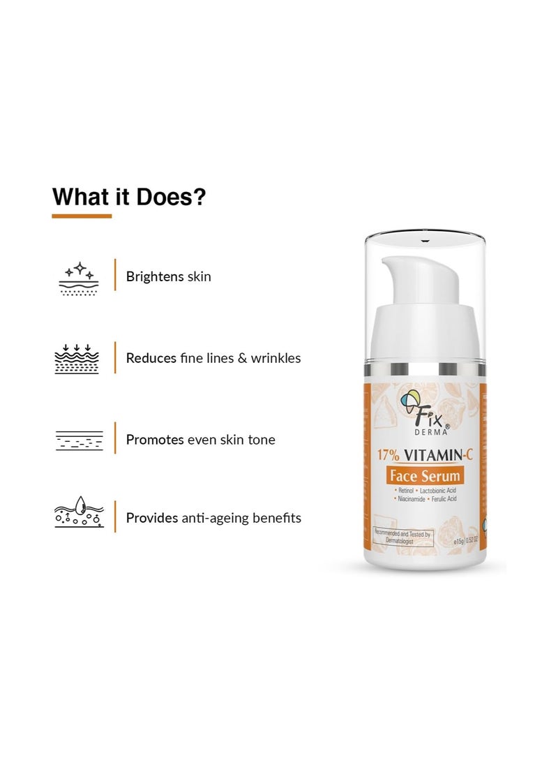 FIXDERMA - Fixderma 17% Vitamin C Face Serum for Glowing Skin | Retinol Face Serum | Skin Brightening Vit C Serum for Women and Men | Anti Aging Night Face Serum | Niacinamide Serum - 15g - Image 1