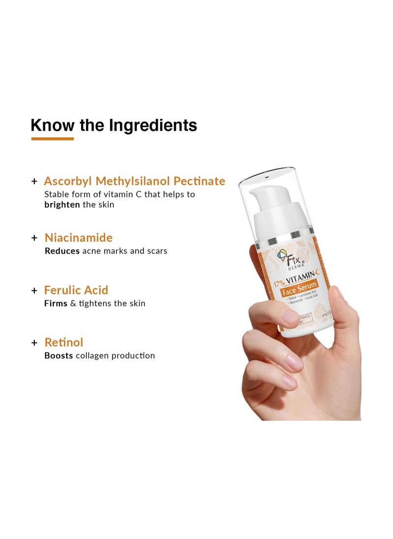 FIXDERMA - Fixderma 17% Vitamin C Face Serum for Glowing Skin | Retinol Face Serum | Skin Brightening Vit C Serum for Women and Men | Anti Aging Night Face Serum | Niacinamide Serum - 15g - Image 1