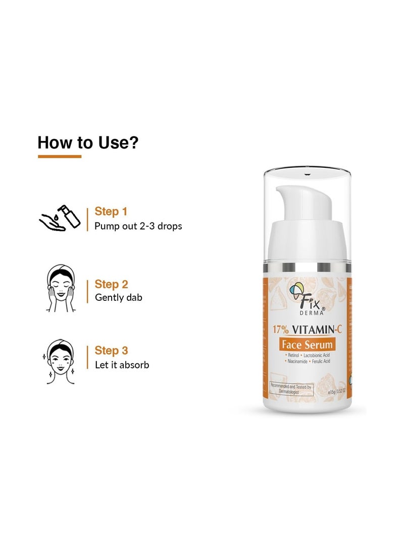 FIXDERMA - Fixderma 17% Vitamin C Face Serum for Glowing Skin | Retinol Face Serum | Skin Brightening Vit C Serum for Women and Men | Anti Aging Night Face Serum | Niacinamide Serum - 15g - Image 1