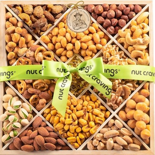 NUT CRAVINGS - Thanksgiving Mixed Nuts Gift Basket in Reusable Diamond Wooden Tray + Green Ribbon (12 Assortments) Holiday Xmas Christmas Food Arrangement Healthy Snack Care Package - Image 1