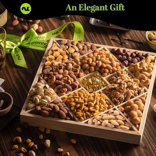 NUT CRAVINGS - Thanksgiving Mixed Nuts Gift Basket in Reusable Diamond Wooden Tray + Green Ribbon (12 Assortments) Holiday Xmas Christmas Food Arrangement Healthy Snack Care Package - Image 3
