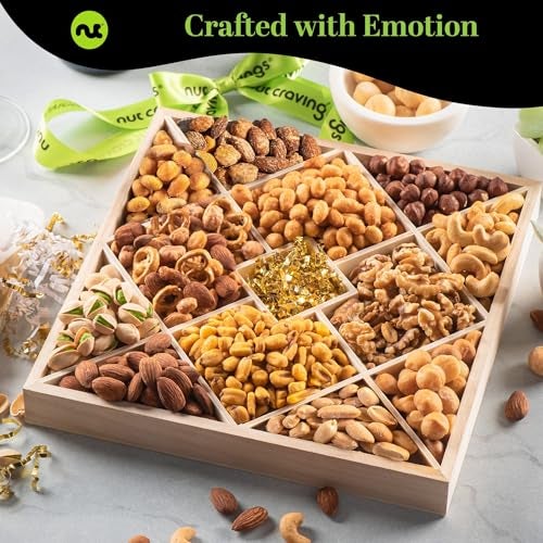 NUT CRAVINGS - Thanksgiving Mixed Nuts Gift Basket in Reusable Diamond Wooden Tray + Green Ribbon (12 Assortments) Holiday Xmas Christmas Food Arrangement Healthy Snack Care Package - Image 2