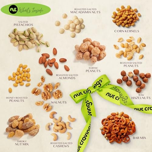 NUT CRAVINGS - Thanksgiving Mixed Nuts Gift Basket in Reusable Diamond Wooden Tray + Green Ribbon (12 Assortments) Holiday Xmas Christmas Food Arrangement Healthy Snack Care Package - Image 5