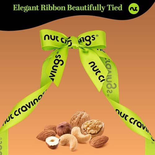 NUT CRAVINGS - Thanksgiving Mixed Nuts Gift Basket in Reusable Diamond Wooden Tray + Green Ribbon (12 Assortments) Holiday Xmas Christmas Food Arrangement Healthy Snack Care Package - Image 4