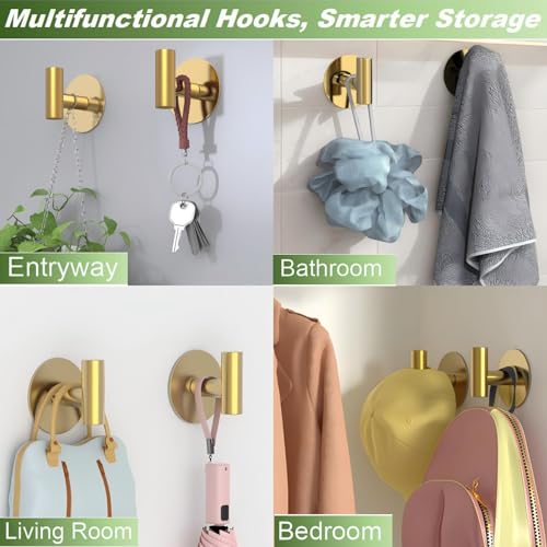 VINHOLD Gold Stainless Steel Wall Hooks, Heavy Duty Self-Adhesive Hooks for Coats, Towels, Robes, Hats, Aprons – No Drill Bathroom, Kitchen, Hotel (2 Pack) - Image 3