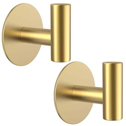 VINHOLD Gold Stainless Steel Wall Hooks, Heavy Duty Self-Adhesive Hooks for Coats, Towels, Robes, Hats, Aprons – No Drill Bathroom, Kitchen, Hotel (2 Pack) - Image 1