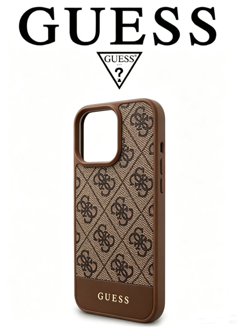 GUESS IPhone 16 Pro cover, with a logo and a leather design approved by the global brand Guess. In Brown - Image 4