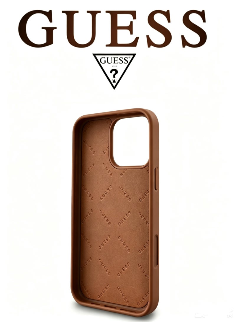 GUESS IPhone 16 Pro cover, with a logo and a leather design approved by the global brand Guess. In Brown - Image 5