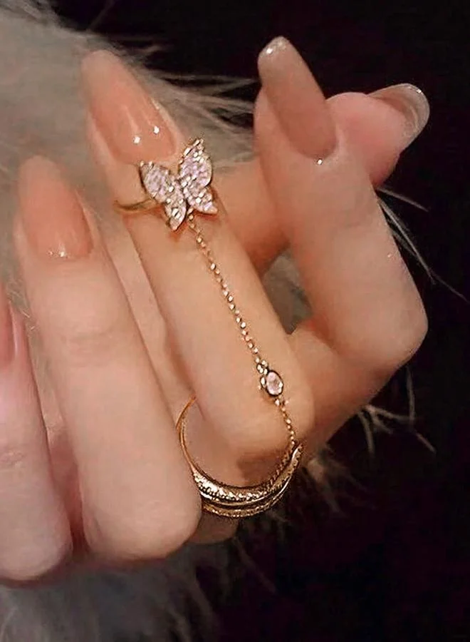 تايك تو Take Two Embellished Rings with Butterfly Chain Detail