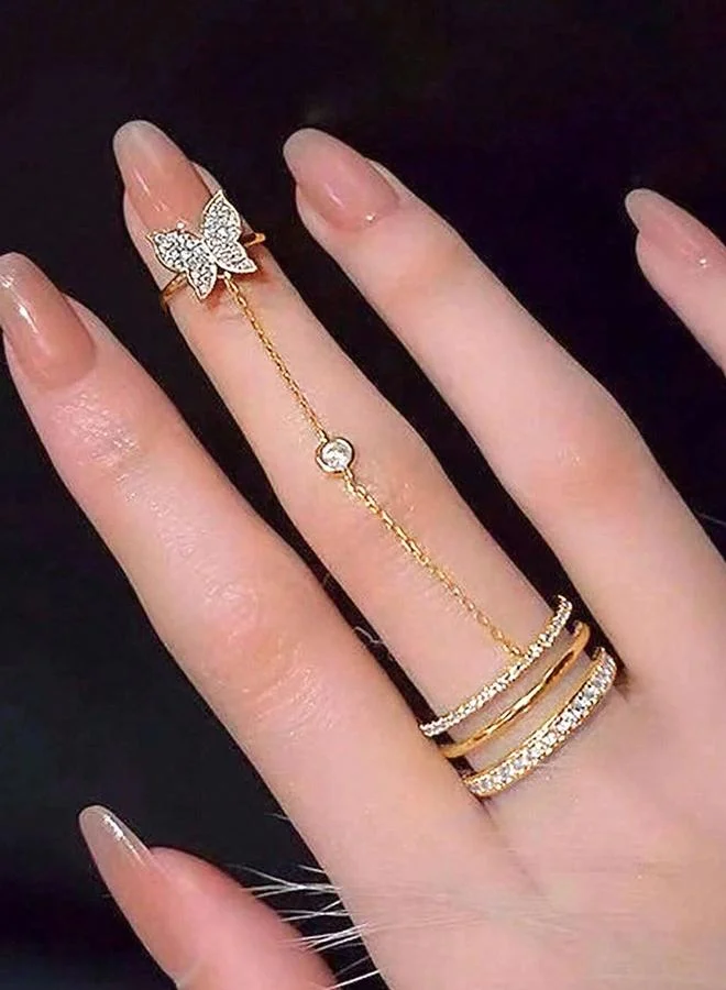 تايك تو Take Two Embellished Rings with Butterfly Chain Detail