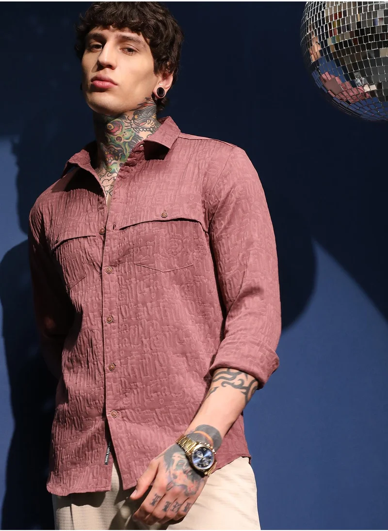 كامبوس سوترا Men's Rouge Pink Aztec-Tactile Modular Shirt For Casual Wear | Spread Collar | Long Cuffed Sleeves | Button Closure | Shirt Crafted With Comfort Fit For Everyday Wear