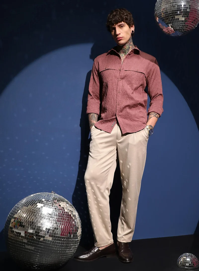 Campus Sutra Men's Rouge Pink Aztec-Tactile Modular Shirt For Casual Wear | Spread Collar | Long Cuffed Sleeves | Button Closure | Shirt Crafted With Comfort Fit For Everyday Wear