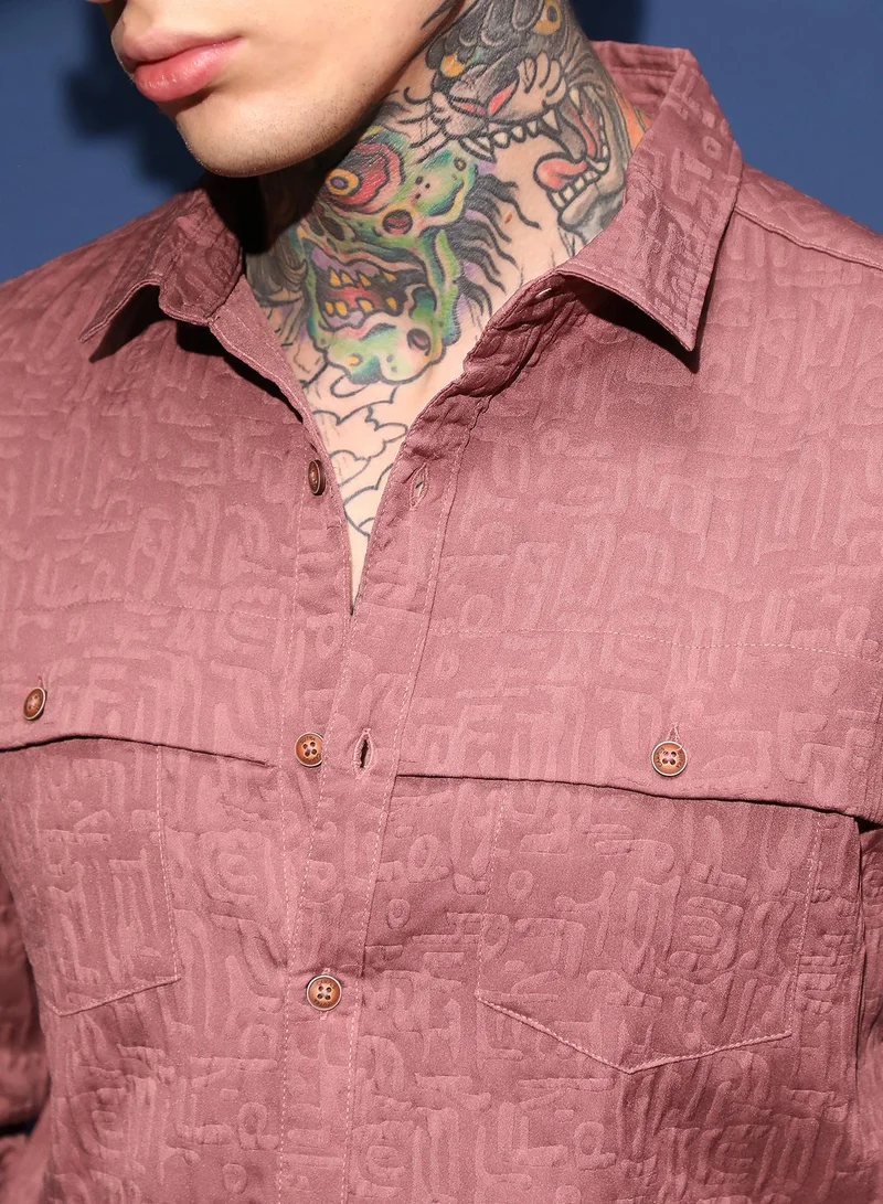 Campus Sutra Men's Rouge Pink Aztec-Tactile Modular Shirt For Casual Wear | Spread Collar | Long Cuffed Sleeves | Button Closure | Shirt Crafted With Comfort Fit For Everyday Wear