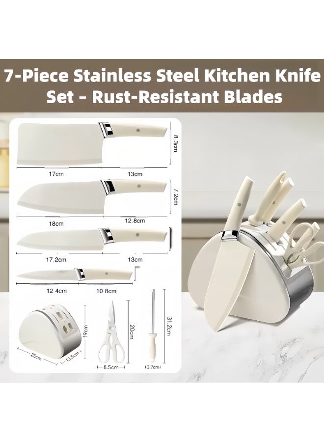 7-Piece Stainless Steel Kitchen Knife Set with Block Rust-Resistant Sharp Blades and Scissors White - Image 4