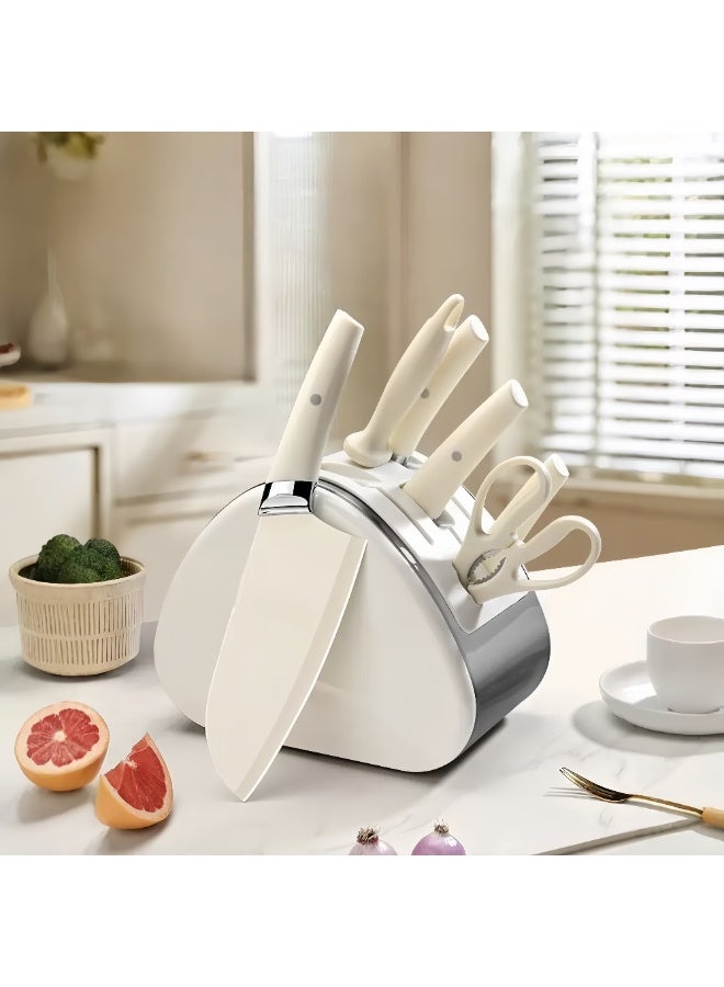7-Piece Stainless Steel Kitchen Knife Set with Block Rust-Resistant Sharp Blades and Scissors White - Image 1