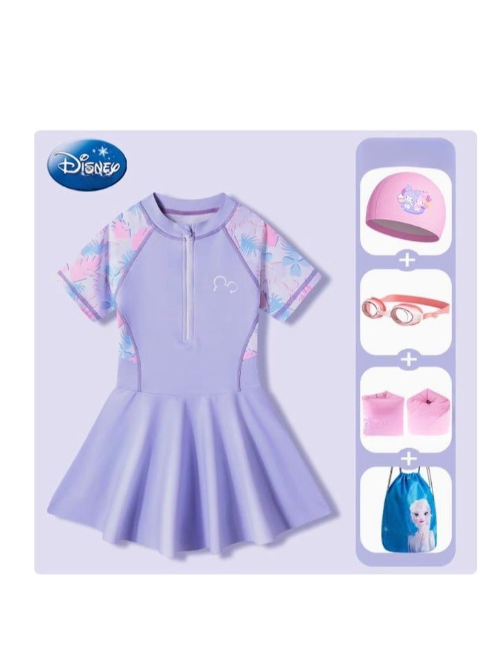 Disney Children's Princess Sun Protection One-Piece Dress Swimsuit (Including Swim Cap, Goggles, Floating Sleeves, And Swim Bag) - Image 1