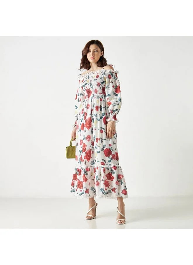 2Xtremz 2Xtremz Floral Print Smocked Off Shoulder Maxi Dress with Long Sleeves