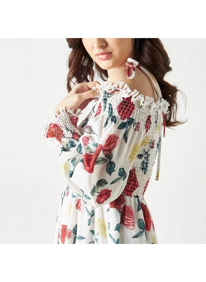 2Xtremz 2Xtremz Floral Print Smocked Off Shoulder Maxi Dress with Long Sleeves