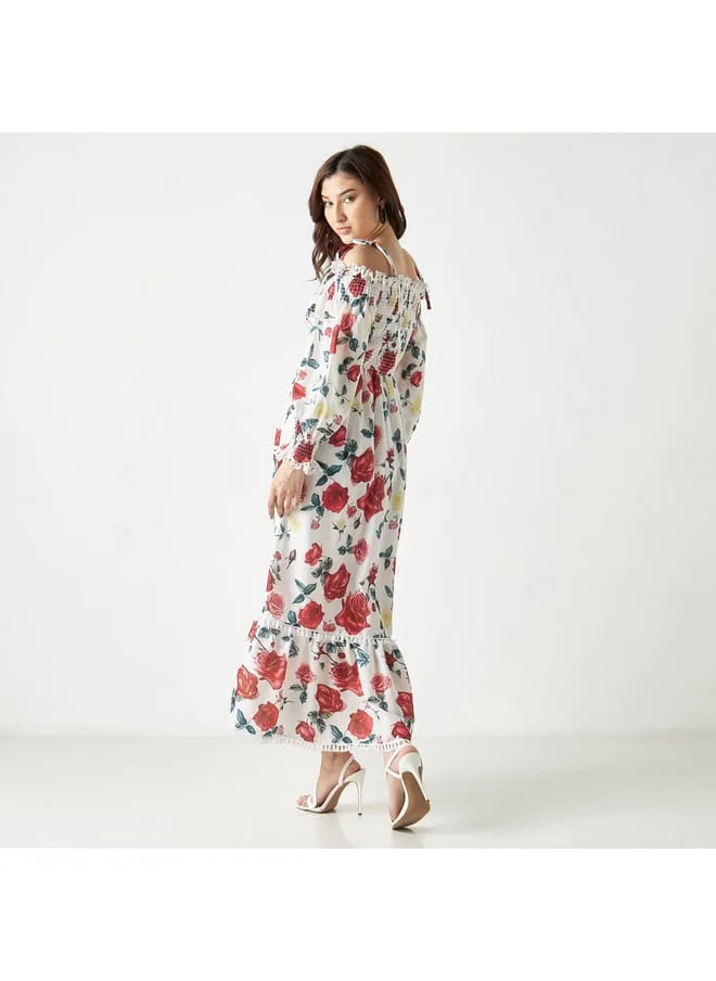 2Xtremz 2Xtremz Floral Print Smocked Off Shoulder Maxi Dress with Long Sleeves