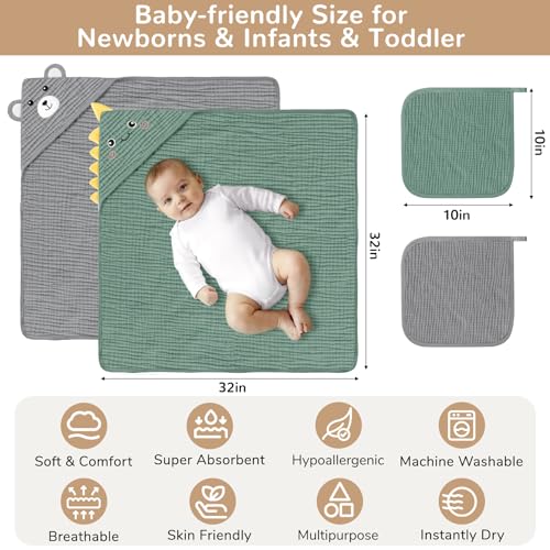 CandyHome 4 PCS Muslin Baby Bath Towels Set 100 Cotton 2 PCS Animal Hooded Baby Towels 32x32 Inch 2 PCS Washcloths Ultra Absorbent Soft Infant Newborn Essentials Gifts for Boys Girls Dinosaur Bear - Image 3