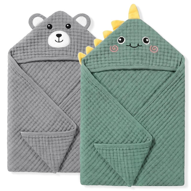 CandyHome 4 PCS Muslin Baby Bath Towels Set 100 Cotton 2 PCS Animal Hooded Baby Towels 32x32 Inch 2 PCS Washcloths Ultra Absorbent Soft Infant Newborn Essentials Gifts for Boys Girls Dinosaur Bear - Image 2