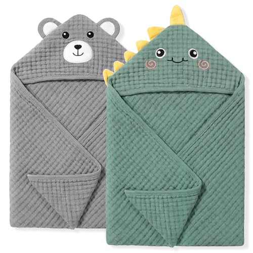 CandyHome 4 PCS Muslin Baby Bath Towels Set 100 Cotton 2 PCS Animal Hooded Baby Towels 32x32 Inch 2 PCS Washcloths Ultra Absorbent Soft Infant Newborn Essentials Gifts for Boys Girls Dinosaur Bear - Image 1