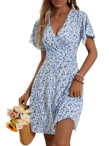 FENSACE Womens Summer Outfits V Neck Petite Country Concert Brunch Dress(White Blue Floral-63,Small) - Image 1