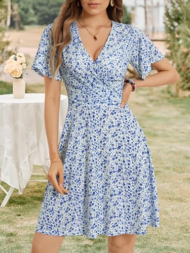 FENSACE Womens Summer Outfits V Neck Petite Country Concert Brunch Dress(White Blue Floral-63,Small) - Image 3