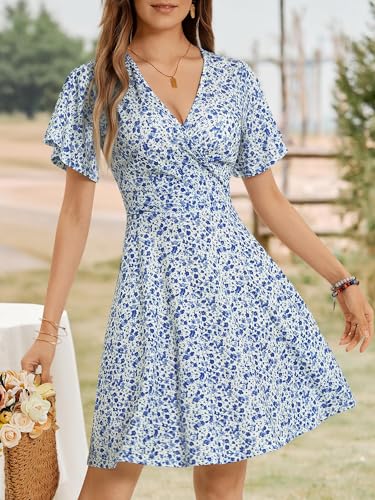 FENSACE Womens Summer Outfits V Neck Petite Country Concert Brunch Dress(White Blue Floral-63,Small) - Image 4
