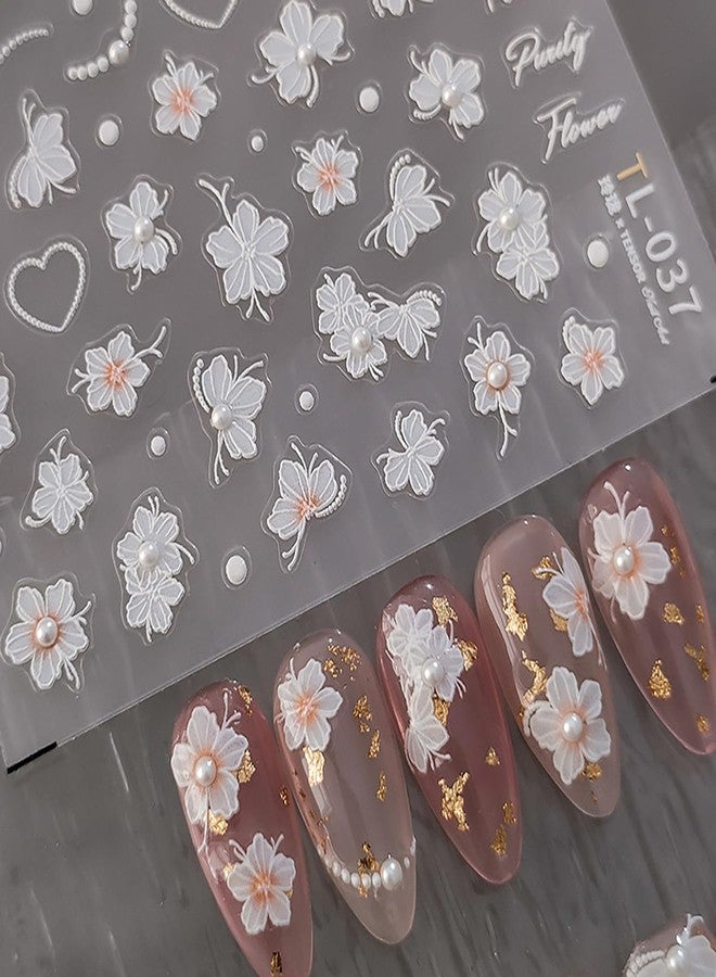 LYLYNB White Flower Nail Stickers 5D Embossed Flowers Nail Decals, 1 Sheets Floral Pearl Design Nail Art Supplies DIY Accessories Self Adhesive Spring Summer Manicure Sliders Decorations for Women - Image 2