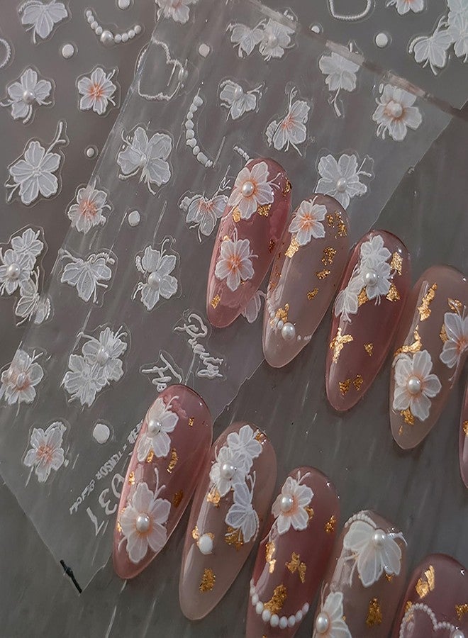 LYLYNB White Flower Nail Stickers 5D Embossed Flowers Nail Decals, 1 Sheets Floral Pearl Design Nail Art Supplies DIY Accessories Self Adhesive Spring Summer Manicure Sliders Decorations for Women - Image 5