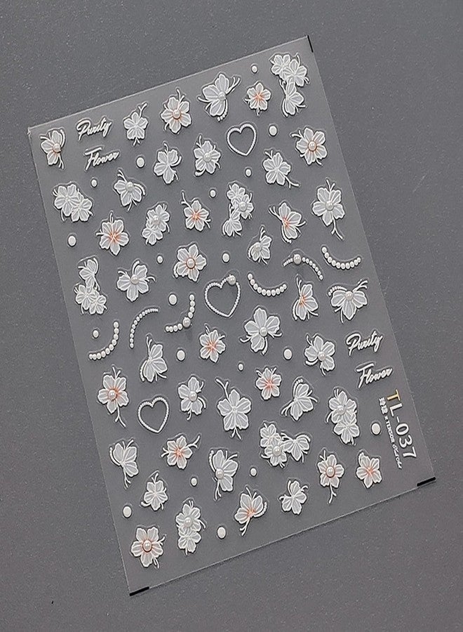 LYLYNB White Flower Nail Stickers 5D Embossed Flowers Nail Decals, 1 Sheets Floral Pearl Design Nail Art Supplies DIY Accessories Self Adhesive Spring Summer Manicure Sliders Decorations for Women - Image 4