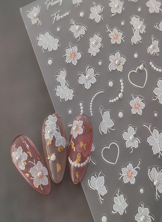 LYLYNB White Flower Nail Stickers 5D Embossed Flowers Nail Decals, 1 Sheets Floral Pearl Design Nail Art Supplies DIY Accessories Self Adhesive Spring Summer Manicure Sliders Decorations for Women - Image 3