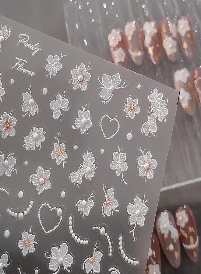 LYLYNB White Flower Nail Stickers 5D Embossed Flowers Nail Decals, 1 Sheets Floral Pearl Design Nail Art Supplies DIY Accessories Self Adhesive Spring Summer Manicure Sliders Decorations for Women - Image 1