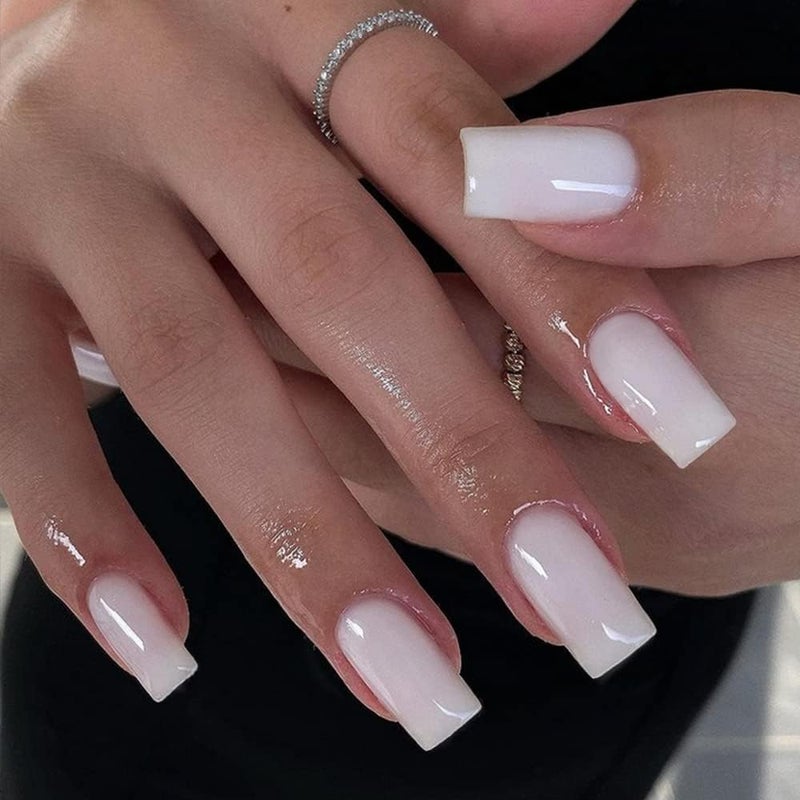 KQueenest Medium Long Press On Nails Coffin Nails Press Ons, Gloss Straight White Colored Long Fake Nails For Women, Solid Color Thick Gel Square Tip Nails Acrylic False Nails Set, 24 Pcs - Image 1