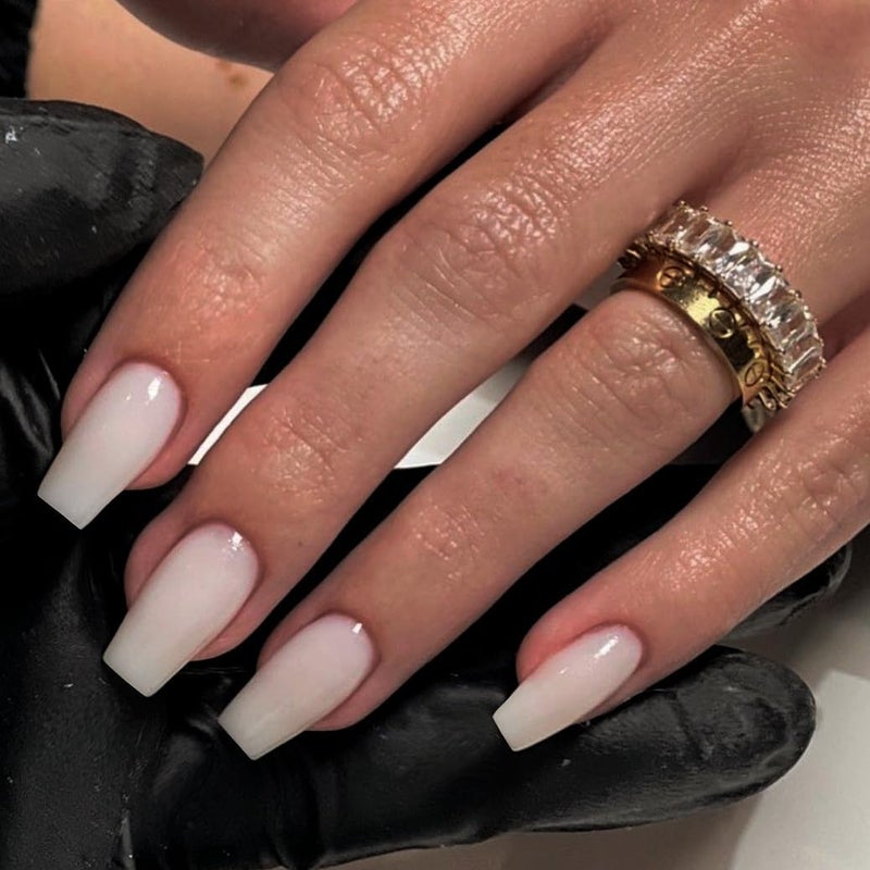 KQueenest Medium Long Press On Nails Coffin Nails Press Ons, Gloss Straight White Colored Long Fake Nails For Women, Solid Color Thick Gel Square Tip Nails Acrylic False Nails Set, 24 Pcs - Image 3