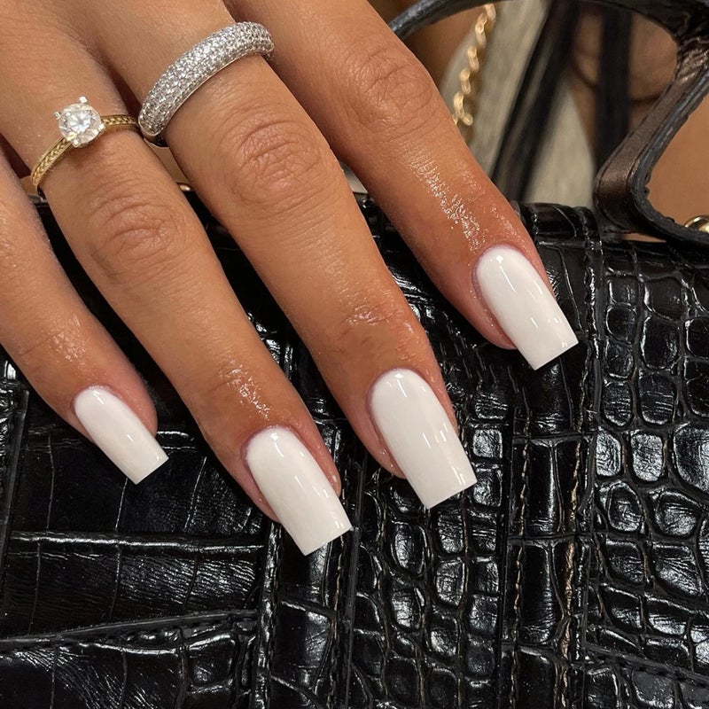 KQueenest Medium Long Press On Nails Coffin Nails Press Ons, Gloss Straight White Colored Long Fake Nails For Women, Solid Color Thick Gel Square Tip Nails Acrylic False Nails Set, 24 Pcs - Image 4