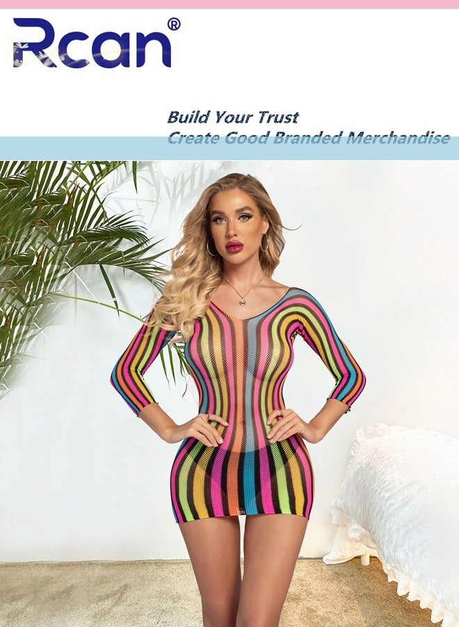 Rcan Lingerie for Women Stretchy Hollow Out Long Sleeves Dress Bodysuit Babydoll Exotic Underwear Nightwear Ladies Boudoir Outfits Clubwear Free Size - Image 1
