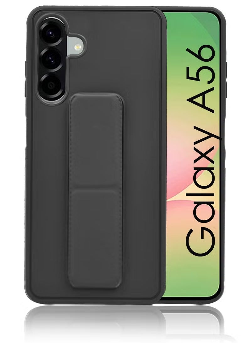 3-in-1 Magnetic Wrist Strap Hand Grip Stand Back Case Cover With Foldable Kickstand & Finger Strap for Samsung Galaxy A56- Black - Image 1