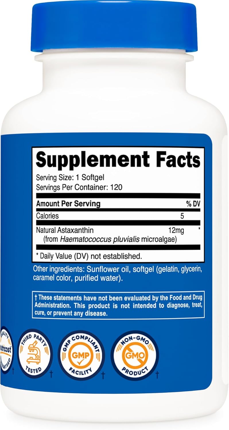 Nutricost مكمل نوتريكوست أستازانتين 12 ملغ غير معدّل وراثيًا وخالي من الغلوتين 120 كبسولة لينة إمداد لمدة 4 أشهر - Image 5