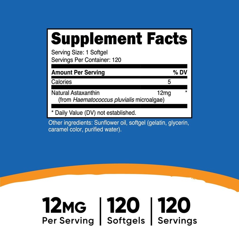 Nutricost مكمل نوتريكوست أستازانتين 12 ملغ غير معدّل وراثيًا وخالي من الغلوتين 120 كبسولة لينة إمداد لمدة 4 أشهر - Image 2