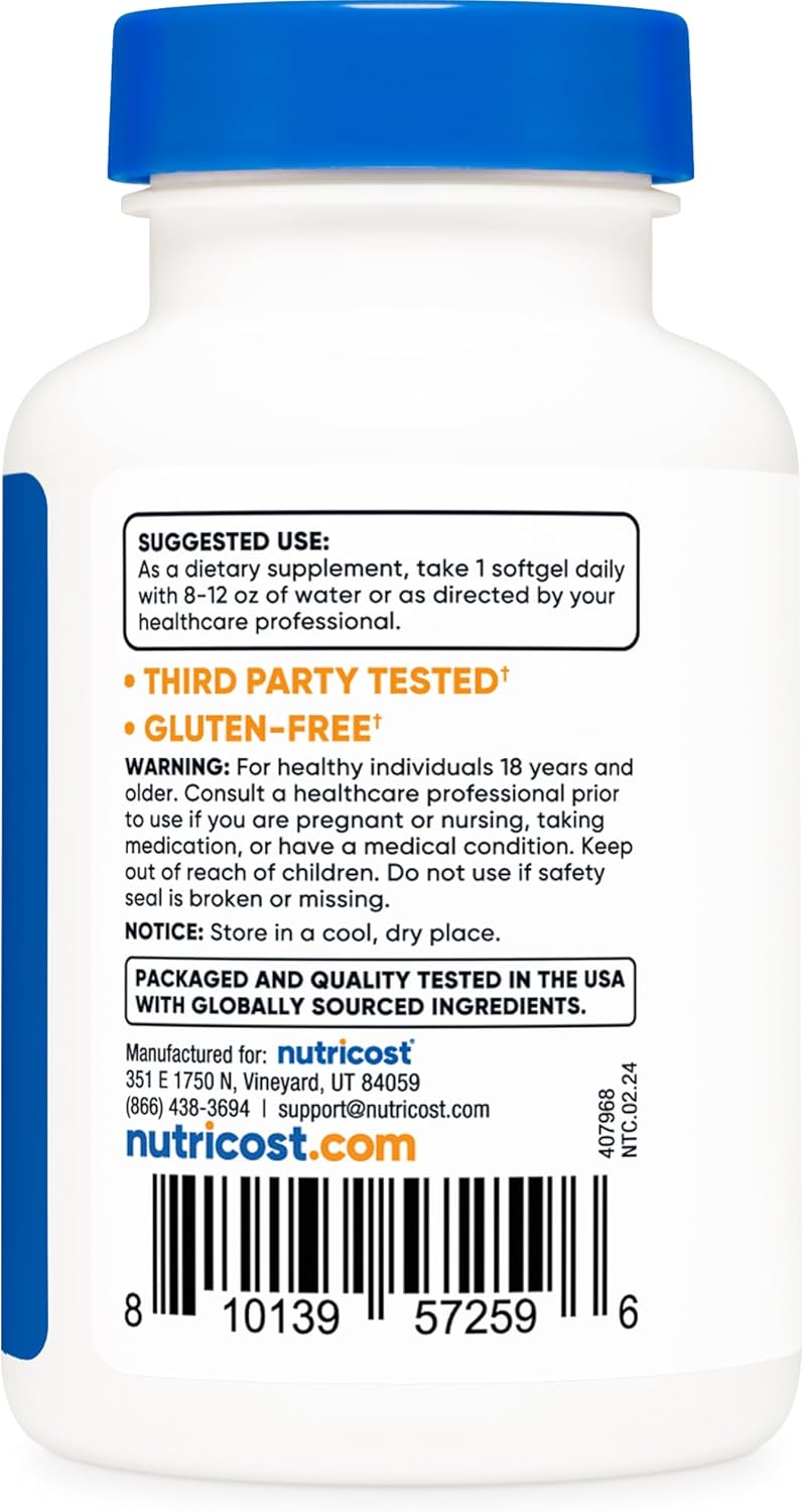 Nutricost مكمل نوتريكوست أستازانتين 12 ملغ غير معدّل وراثيًا وخالي من الغلوتين 120 كبسولة لينة إمداد لمدة 4 أشهر - Image 4