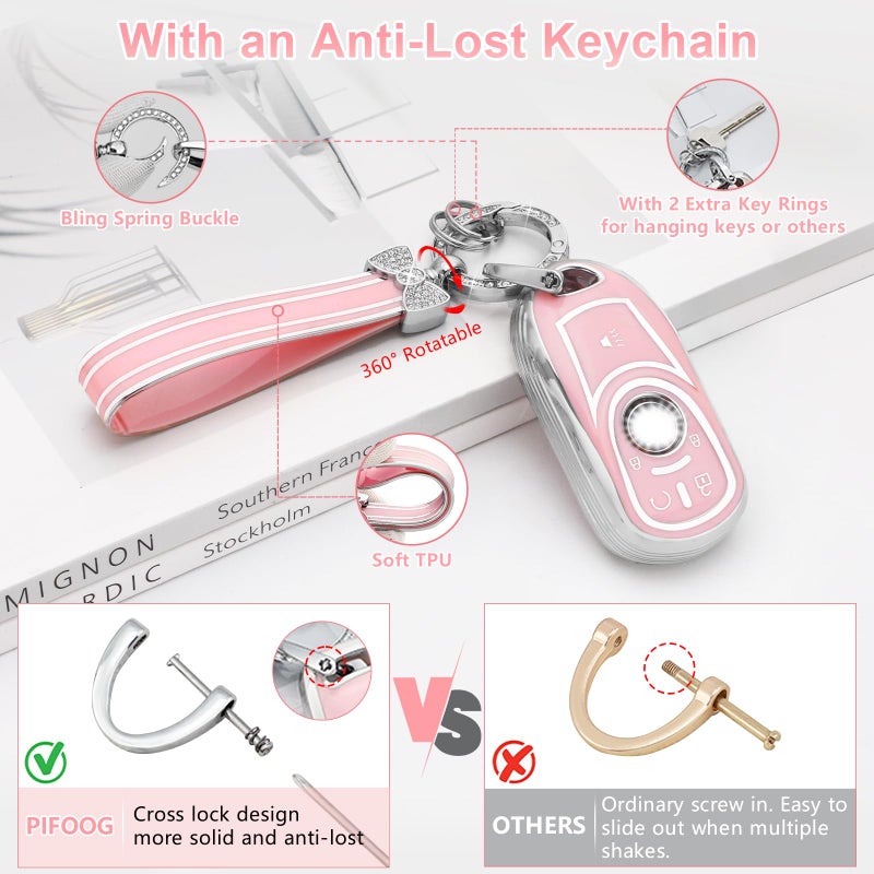 PIFOOG Key Fob Cover Fit for Buick Encore GX Envista Regal Sportback Pink 5 Button Car Keys Shell Case Bling Keychain Full Protector Covers Accessories Girly Women Cute TPU - Image 5