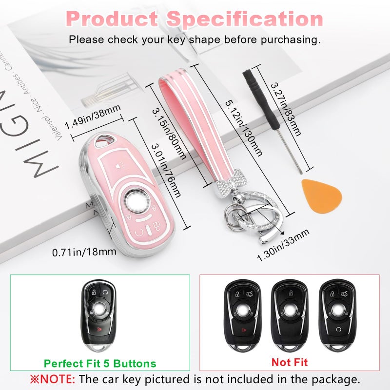 PIFOOG Key Fob Cover Fit for Buick Encore GX Envista Regal Sportback Pink 5 Button Car Keys Shell Case Bling Keychain Full Protector Covers Accessories Girly Women Cute TPU - Image 2