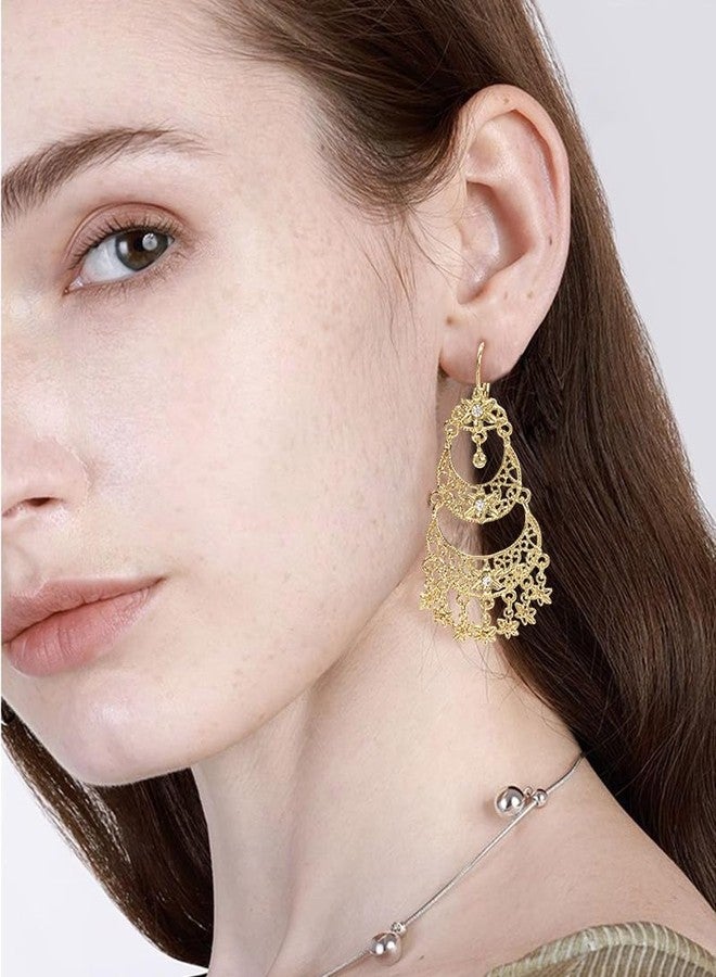 OIDIMS Boho Flower Tassel Statement Dangle Hoop Earrings for Women Crystal Chandelier Drop Dangling Earring Indian Bollywood Jewelry Gift for Jhumka Festival Holiday Christmas Wedding Party - Image 3