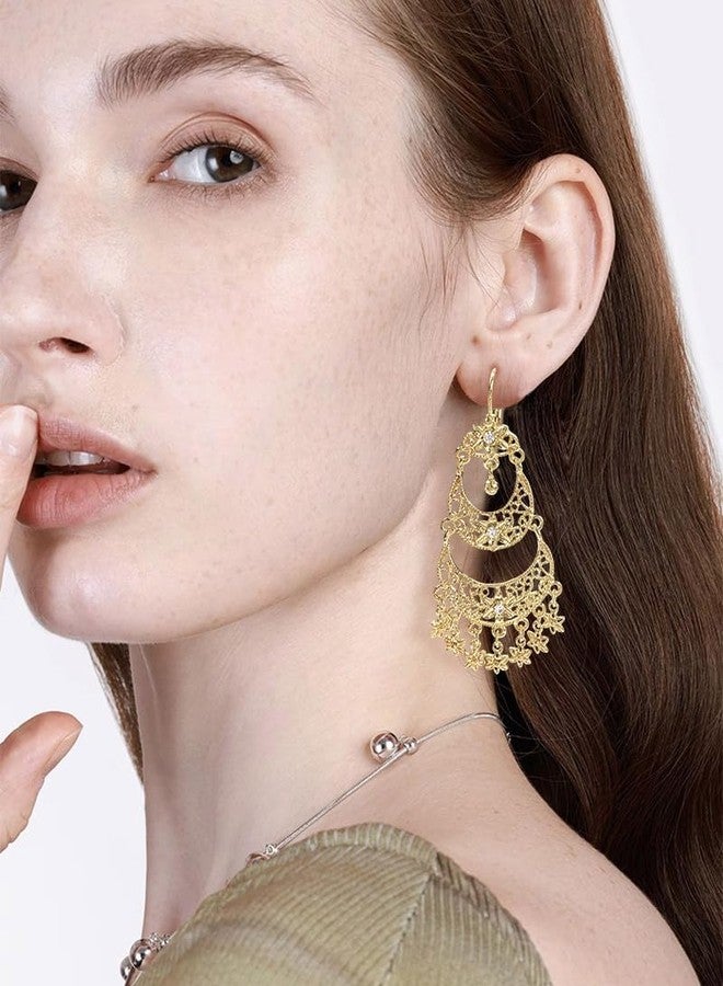 OIDIMS Boho Flower Tassel Statement Dangle Hoop Earrings for Women Crystal Chandelier Drop Dangling Earring Indian Bollywood Jewelry Gift for Jhumka Festival Holiday Christmas Wedding Party - Image 2