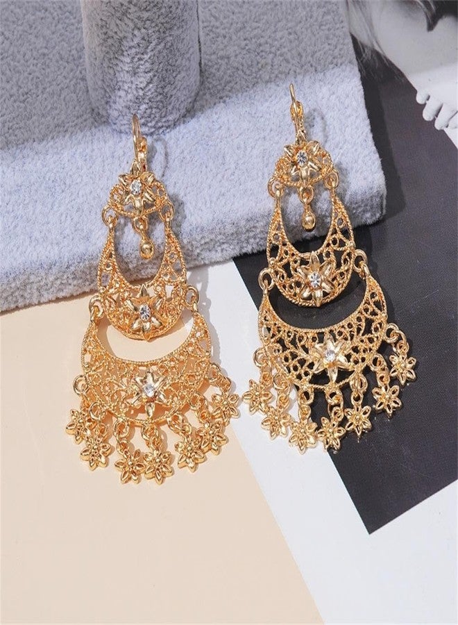 OIDIMS Boho Flower Tassel Statement Dangle Hoop Earrings for Women Crystal Chandelier Drop Dangling Earring Indian Bollywood Jewelry Gift for Jhumka Festival Holiday Christmas Wedding Party - Image 5